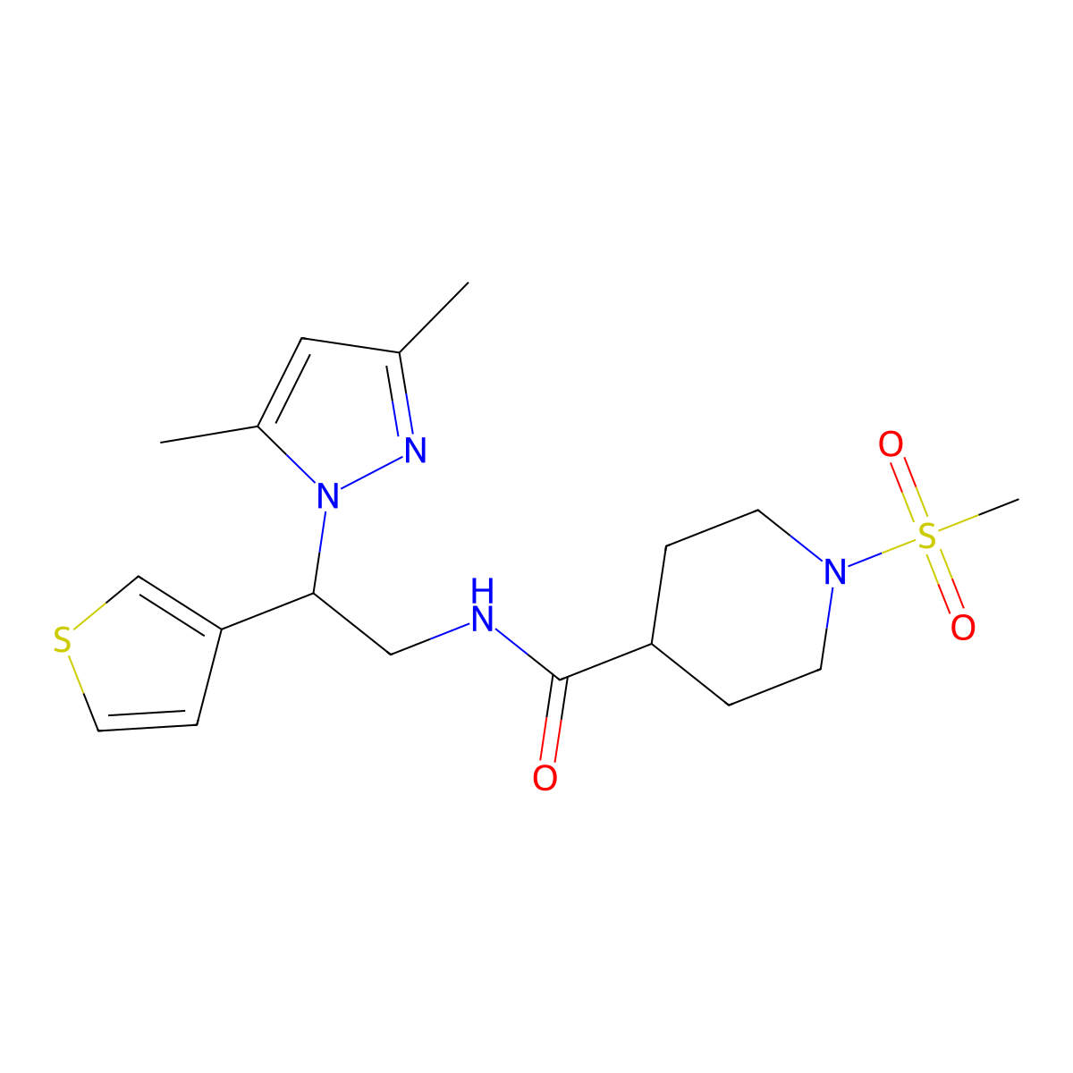N-(2-(3,5-dimethyl-1H-pyrazol-1-yl)-2-(thiophen-3-yl)ethyl)-1-(methylsulfonyl)piperidine-4-carboxamide molecular structure, CAS 2034492-25-4