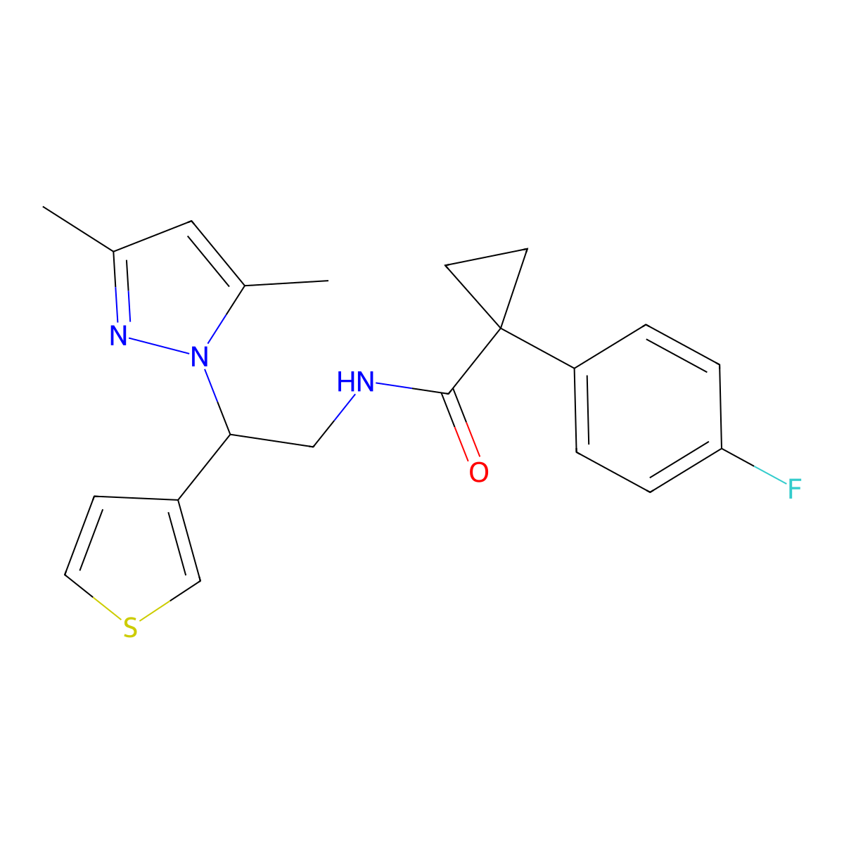N-(2-(3,5-dimethyl-1H-pyrazol-1-yl)-2-(thiophen-3-yl)ethyl)-1-(4-fluorophenyl)cyclopropanecarboxamide molecular structure, CAS 2034492-35-6
