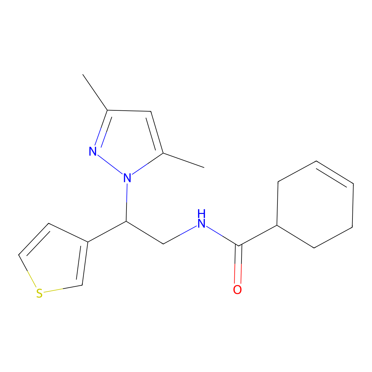 N-(2-(3,5-dimethyl-1H-pyrazol-1-yl)-2-(thiophen-3-yl)ethyl)cyclohex-3-enecarboxamide molecular structure, CAS 2034492-42-5