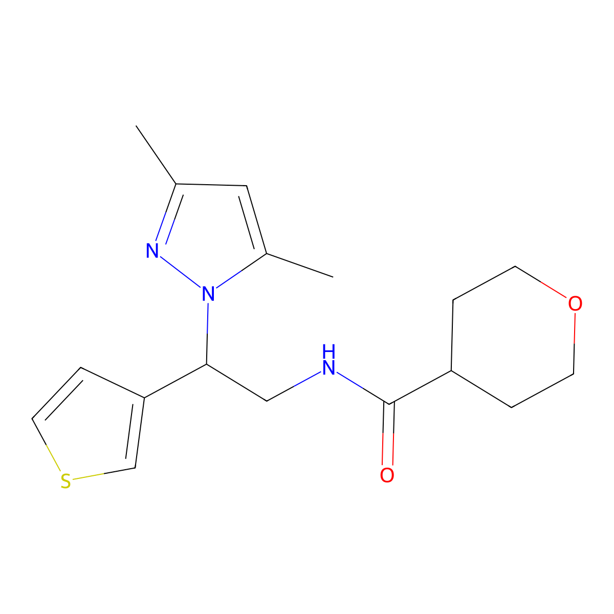 N-(2-(3,5-dimethyl-1H-pyrazol-1-yl)-2-(thiophen-3-yl)ethyl)tetrahydro-2H-pyran-4-carboxamide molecular structure, CAS 2034492-45-8