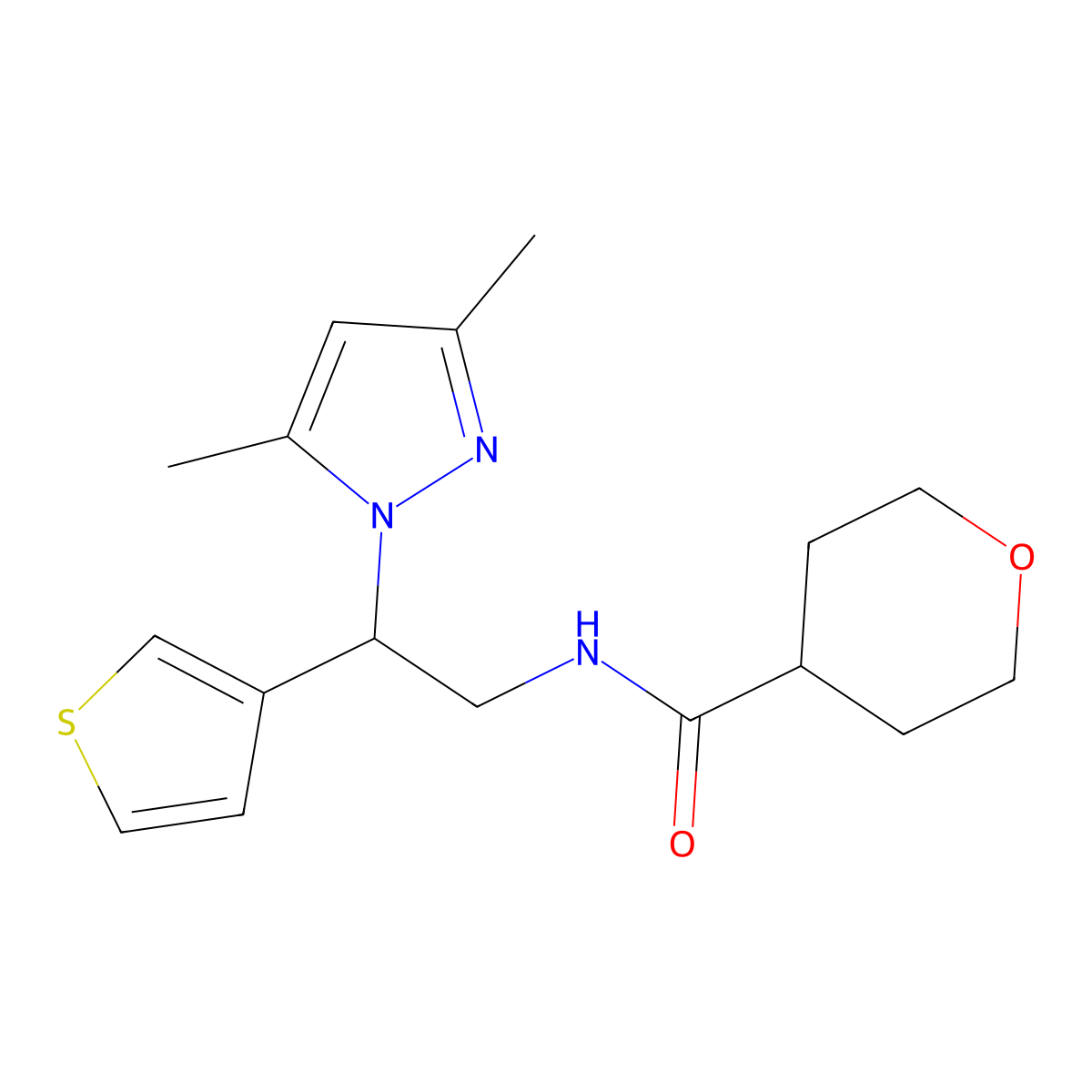N-(2-(3,5-dimethyl-1H-pyrazol-1-yl)-2-(thiophen-3-yl)ethyl)tetrahydro-2H-pyran-4-carboxamide molecular structure, CAS 2034492-45-8