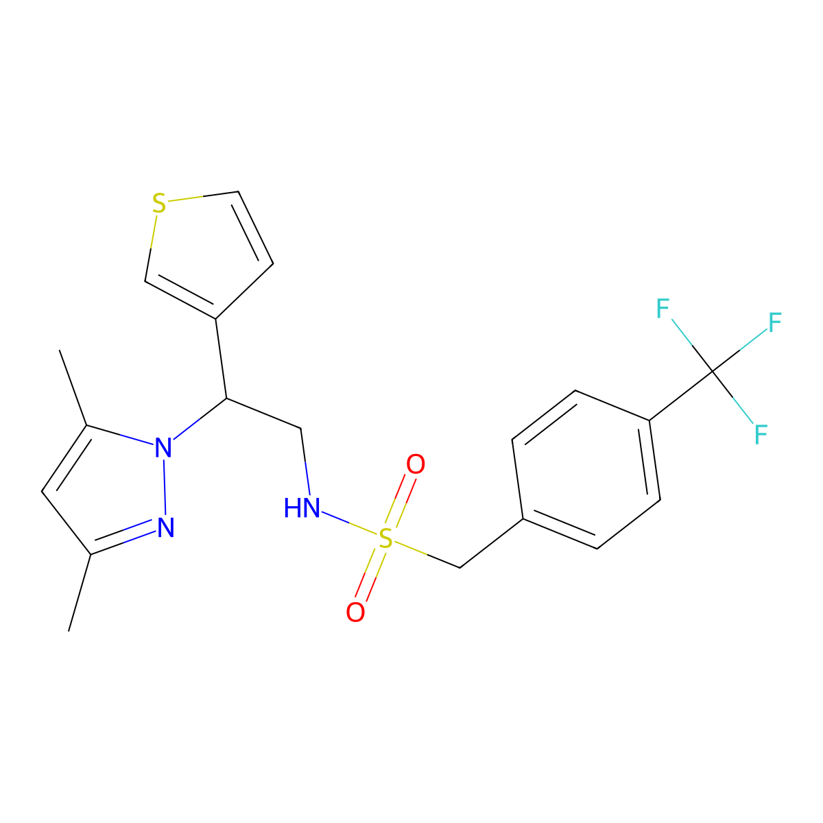 N-(2-(3,5-dimethyl-1H-pyrazol-1-yl)-2-(thiophen-3-yl)ethyl)-1-(4-(trifluoromethyl)phenyl)methanesulfonamide molecular structure, CAS 2034492-50-5