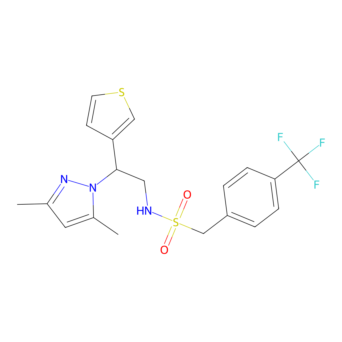 N-(2-(3,5-dimethyl-1H-pyrazol-1-yl)-2-(thiophen-3-yl)ethyl)-1-(4-(trifluoromethyl)phenyl)methanesulfonamide molecular structure, CAS 2034492-50-5