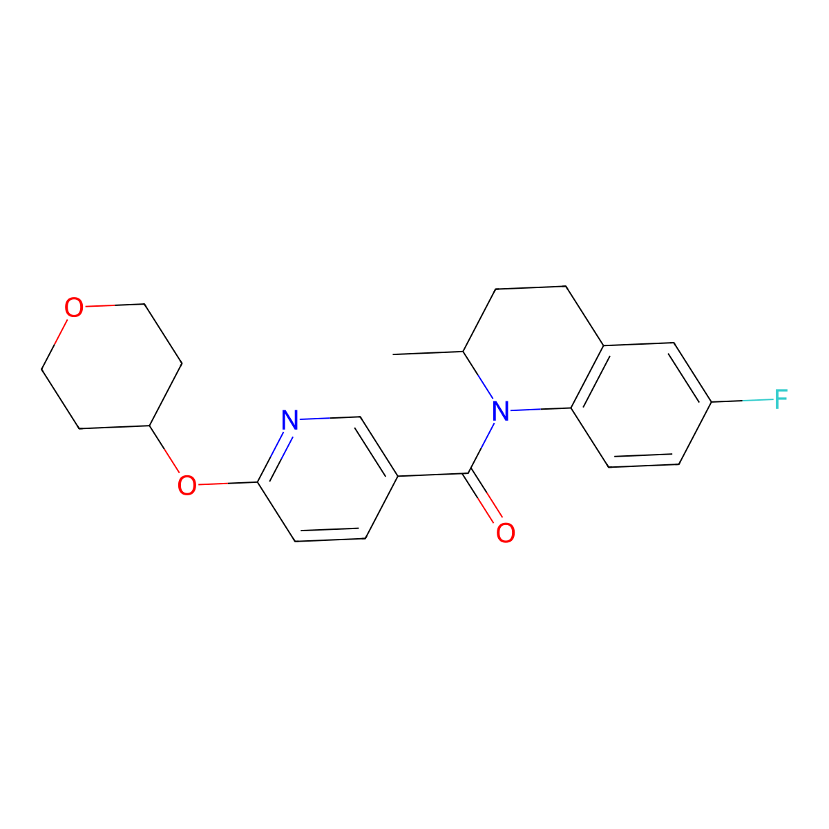 (6-fluoro-2-methyl-3,4-dihydroquinolin-1(2H)-yl)(6-((tetrahydro-2H-pyran-4-yl)oxy)pyridin-3-yl)methanone molecular structure, CAS 2034492-53-8