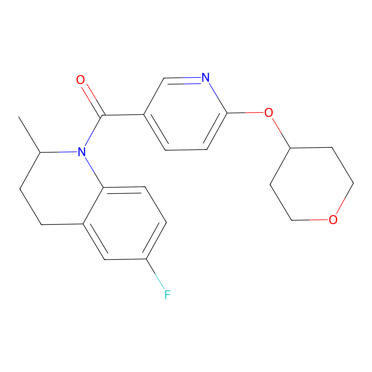 (6-fluoro-2-methyl-3,4-dihydroquinolin-1(2H)-yl)(6-((tetrahydro-2H-pyran-4-yl)oxy)pyridin-3-yl)methanone molecular structure, CAS 2034492-53-8