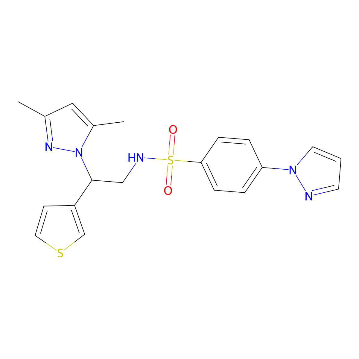 N-(2-(3,5-dimethyl-1H-pyrazol-1-yl)-2-(thiophen-3-yl)ethyl)-4-(1H-pyrazol-1-yl)benzenesulfonamide molecular structure, CAS 2034492-55-0