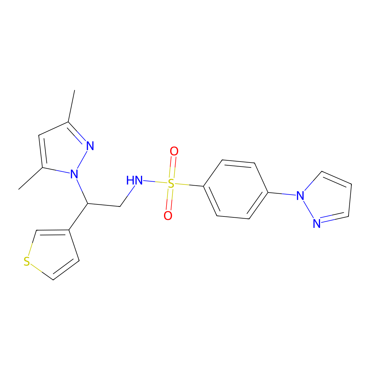 N-(2-(3,5-dimethyl-1H-pyrazol-1-yl)-2-(thiophen-3-yl)ethyl)-4-(1H-pyrazol-1-yl)benzenesulfonamide molecular structure, CAS 2034492-55-0