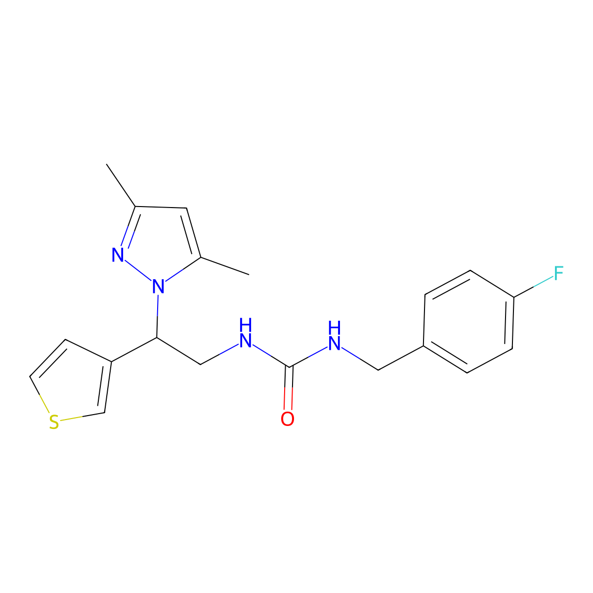 1-(2-(3,5-dimethyl-1H-pyrazol-1-yl)-2-(thiophen-3-yl)ethyl)-3-(4-fluorobenzyl)urea molecular structure, CAS 2034492-85-6