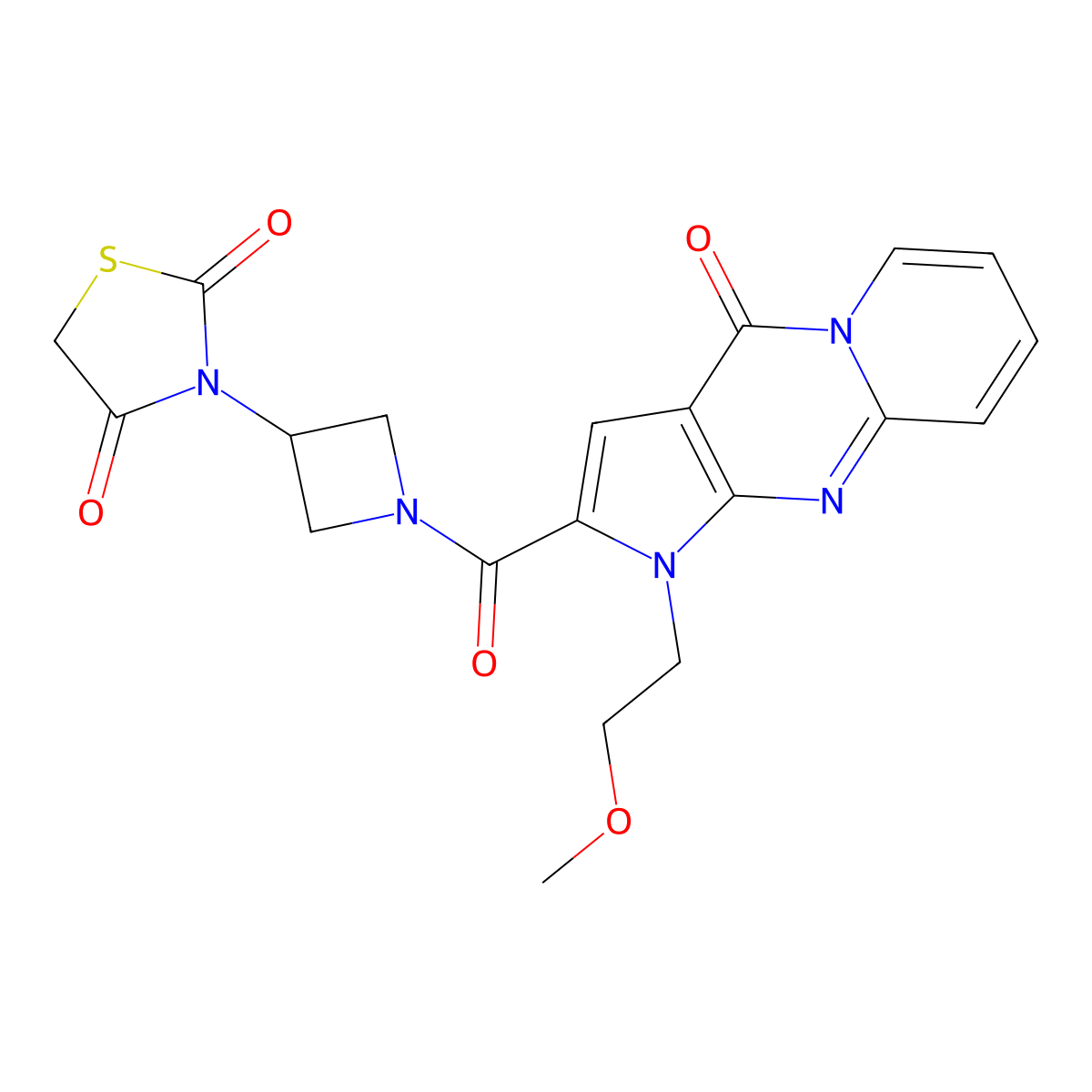 3-{1-[6-(2-Methoxyethyl)-2-oxo-1,6,8-triazatricyclo[7.4.0.0^{3,7}]trideca-3(7),4,8,10,12-pentaene-5-carbonyl]azetidin-3-yl}-1,3-thiazolidine-2,4-dione molecular structure, CAS 2034492-87-8