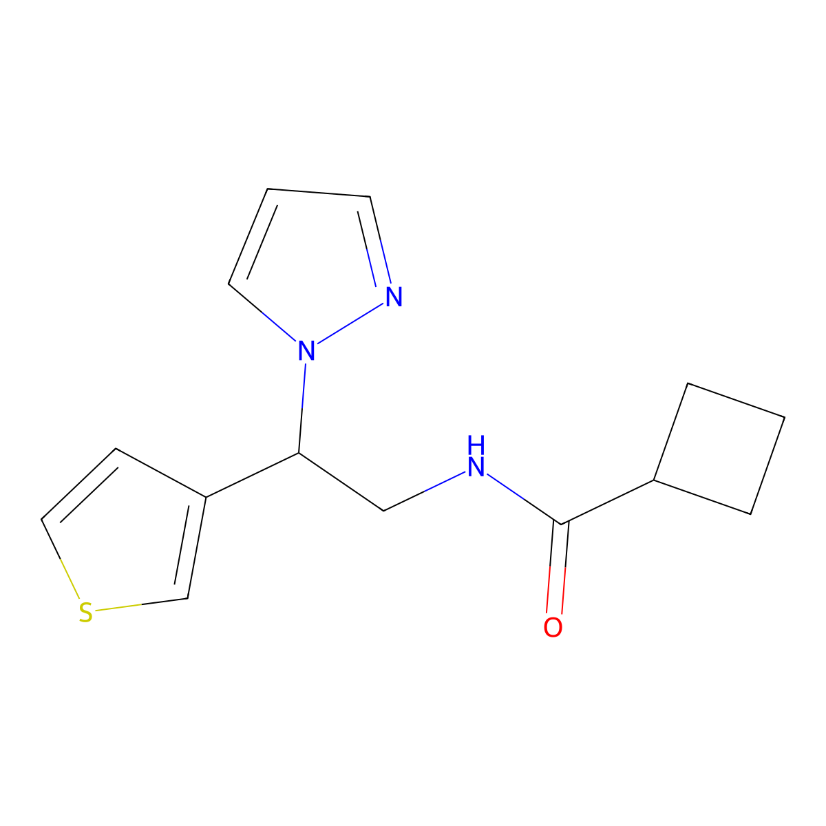 N-[2-(1H-pyrazol-1-yl)-2-(thiophen-3-yl)ethyl]cyclobutanecarboxamide molecular structure, CAS 2034492-91-4