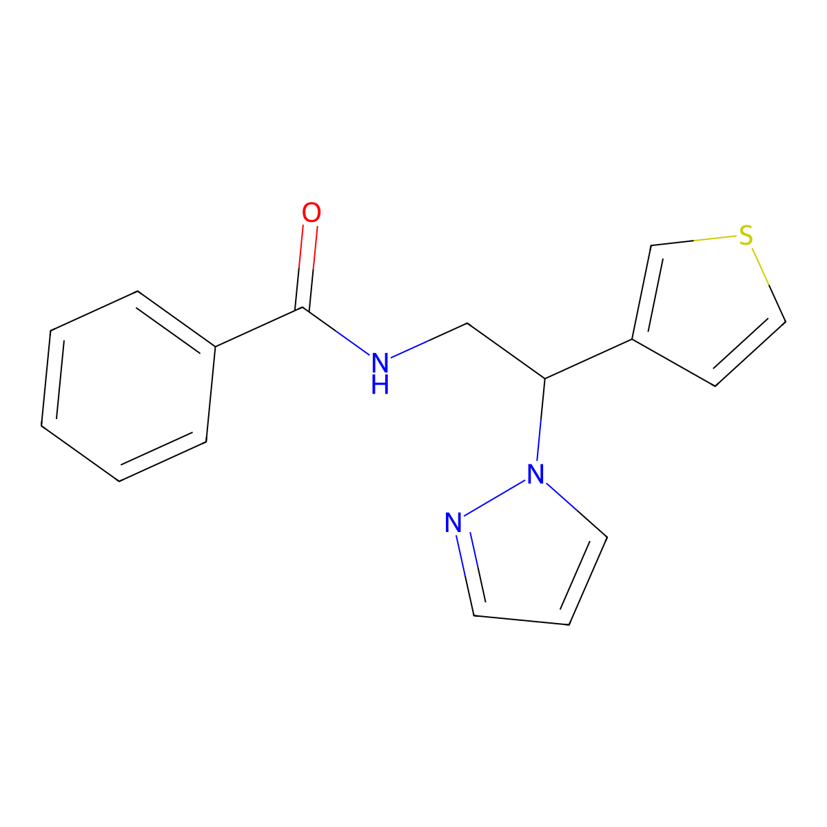 N-(2-(1H-pyrazol-1-yl)-2-(thiophen-3-yl)ethyl)benzamide molecular structure, CAS 2034492-96-9