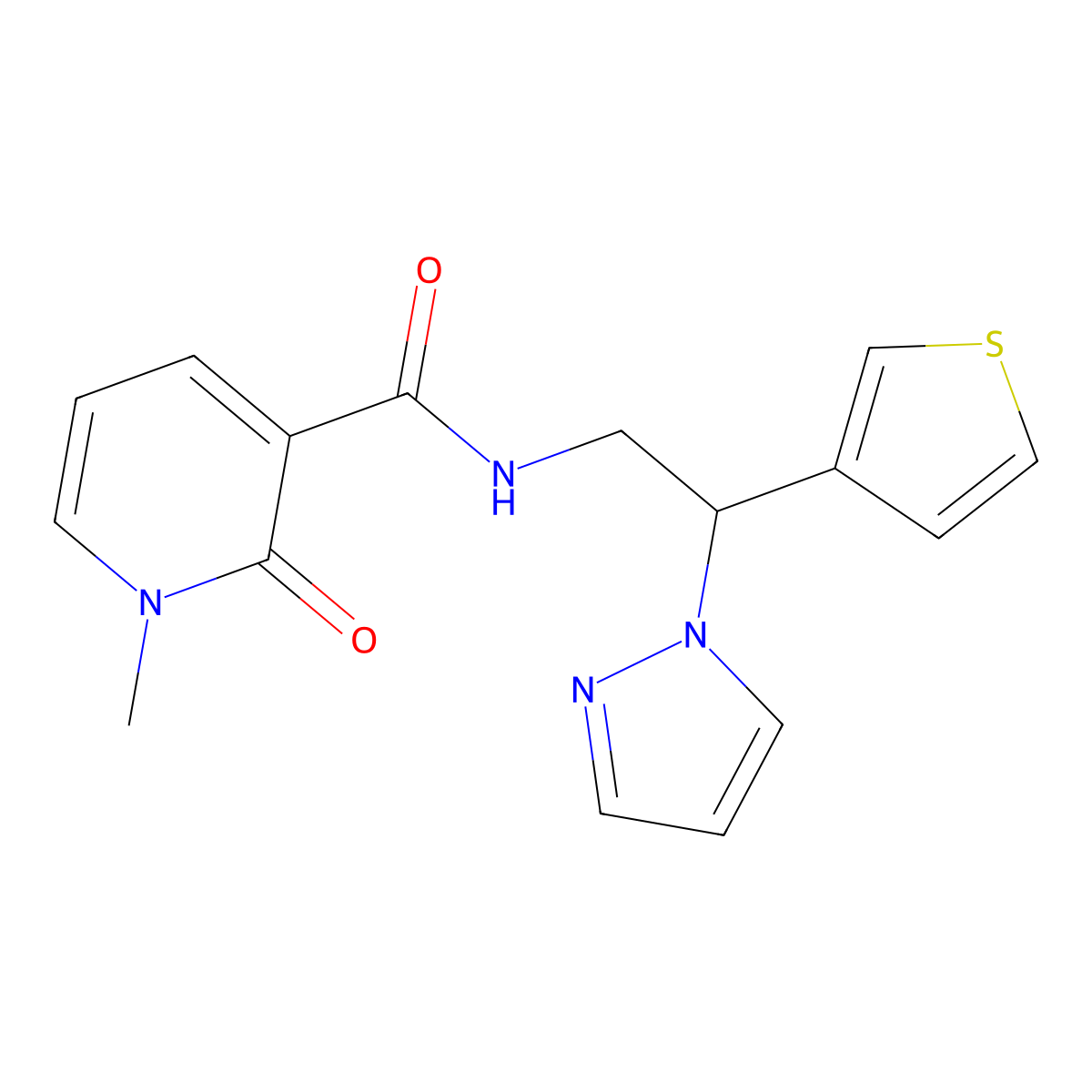 N-(2-(1H-pyrazol-1-yl)-2-(thiophen-3-yl)ethyl)-1-methyl-2-oxo-1,2-dihydropyridine-3-carboxamide molecular structure, CAS 2034493-06-4