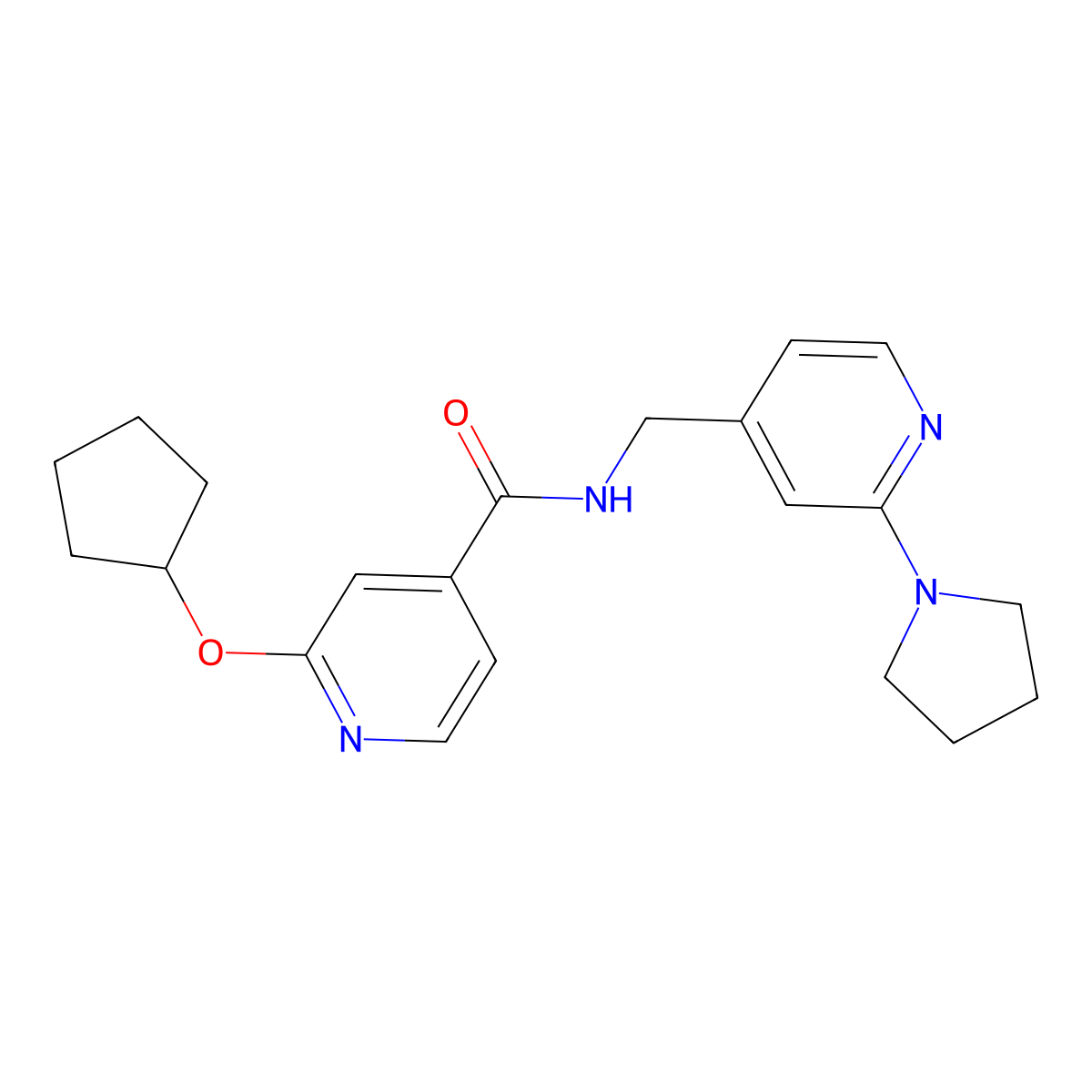 2-(cyclopentyloxy)-N-((2-(pyrrolidin-1-yl)pyridin-4-yl)methyl)isonicotinamide molecular structure, CAS 2034493-11-1