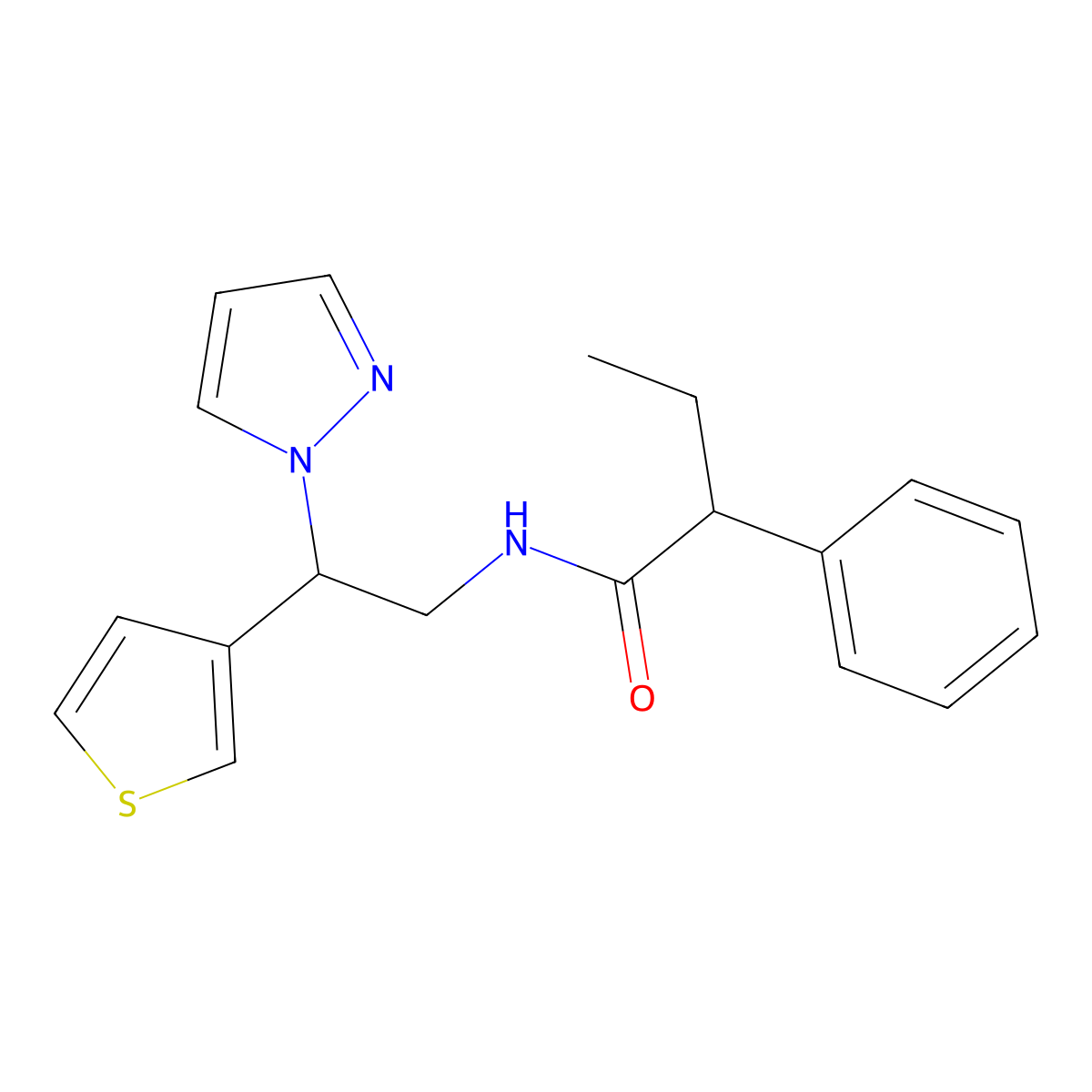 N-(2-(1H-pyrazol-1-yl)-2-(thiophen-3-yl)ethyl)-2-phenylbutanamide molecular structure, CAS 2034493-12-2