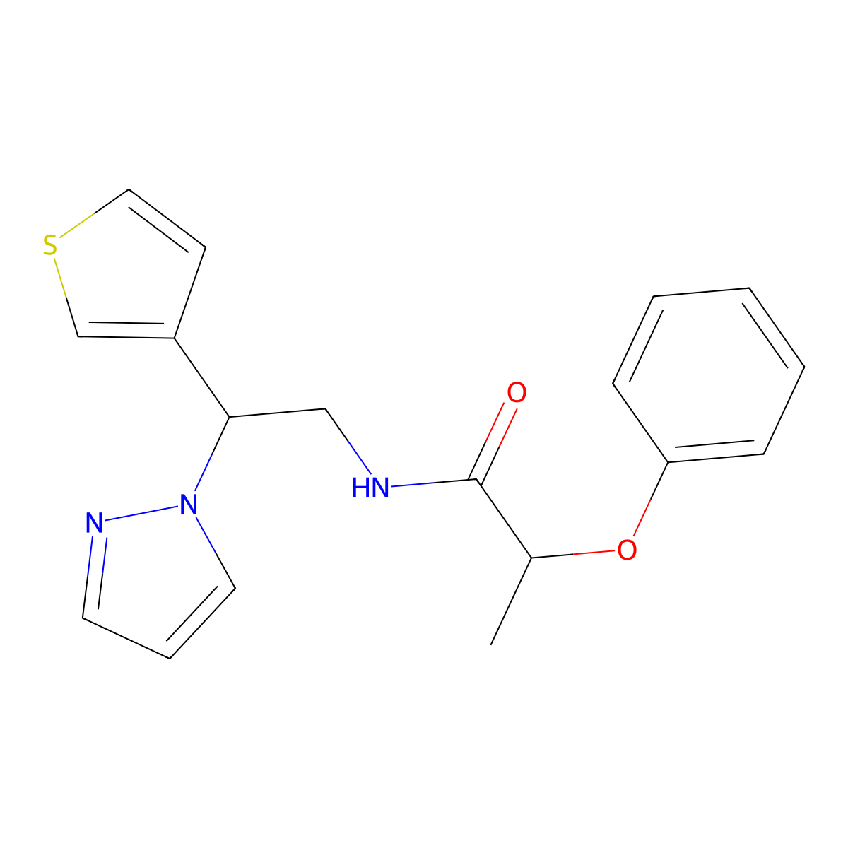 N-(2-(1H-pyrazol-1-yl)-2-(thiophen-3-yl)ethyl)-2-phenoxypropanamide molecular structure, CAS 2034493-18-8