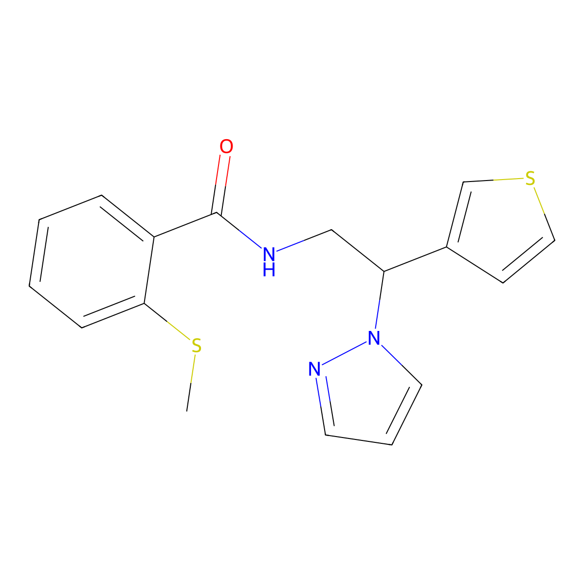 N-(2-(1H-pyrazol-1-yl)-2-(thiophen-3-yl)ethyl)-2-(methylthio)benzamide molecular structure, CAS 2034493-26-8