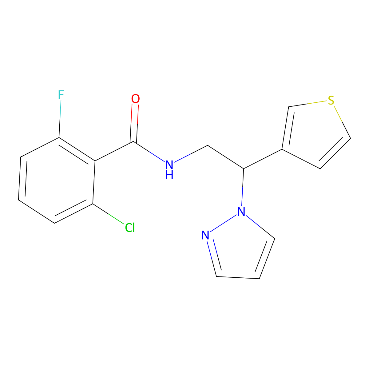 N-(2-(1H-pyrazol-1-yl)-2-(thiophen-3-yl)ethyl)-2-chloro-6-fluorobenzamide molecular structure, CAS 2034493-33-7