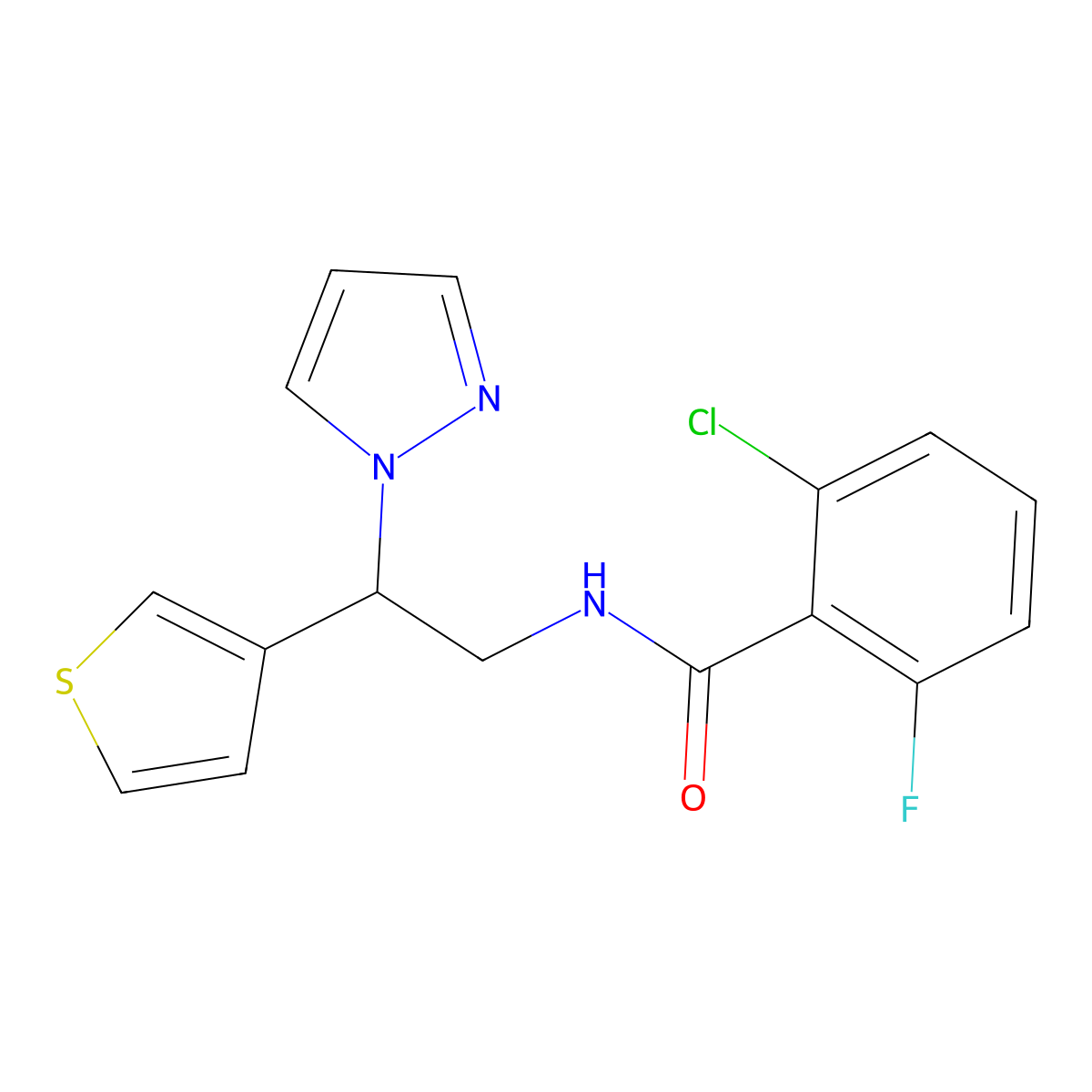N-(2-(1H-pyrazol-1-yl)-2-(thiophen-3-yl)ethyl)-2-chloro-6-fluorobenzamide molecular structure, CAS 2034493-33-7