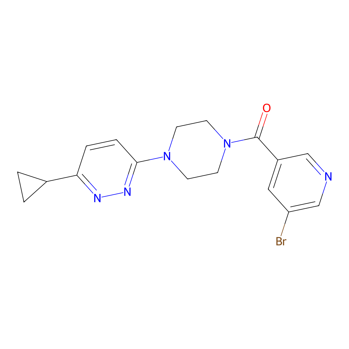 (5-Bromopyridin-3-yl)(4-(6-cyclopropylpyridazin-3-yl)piperazin-1-yl)methanone molecular structure, CAS 2034493-37-1