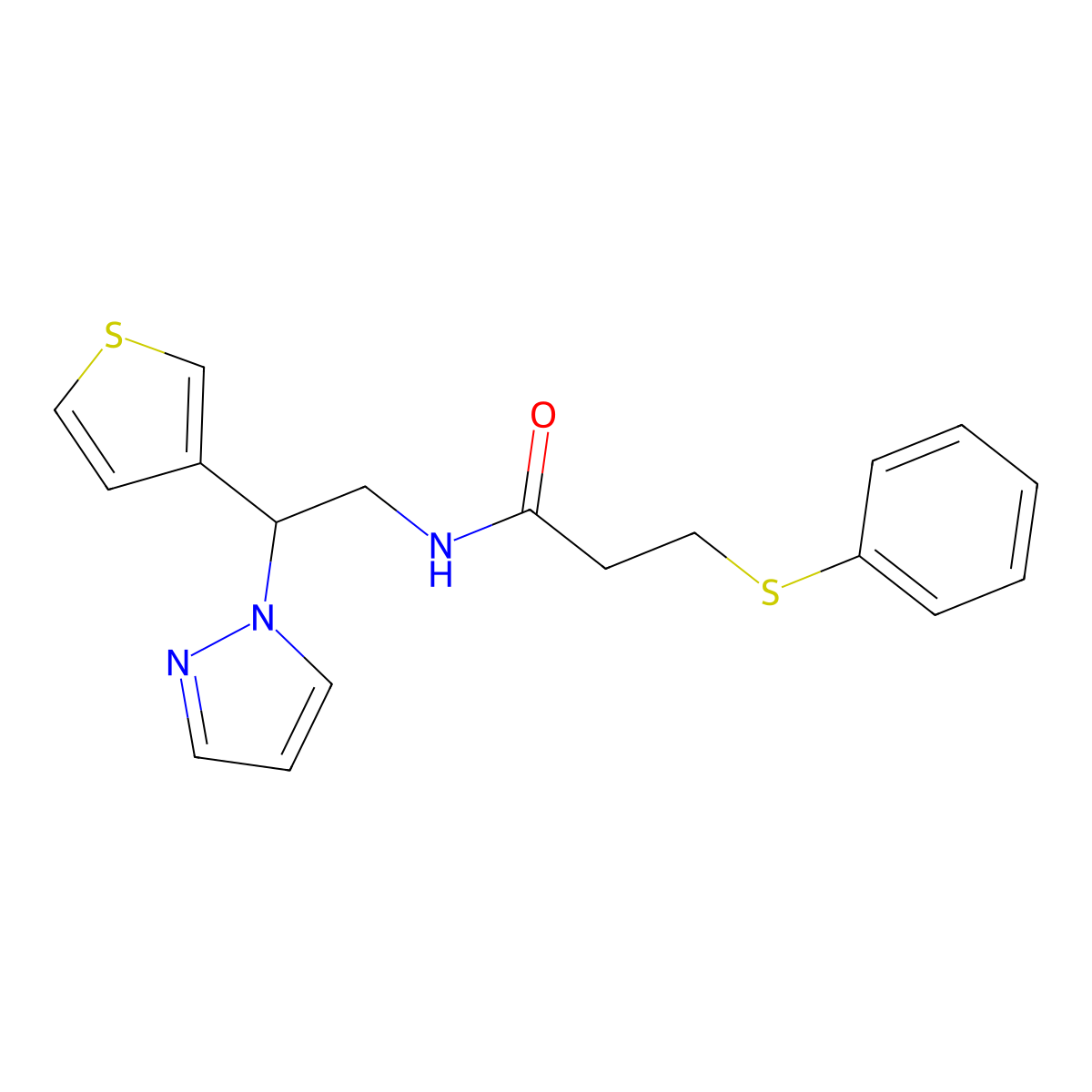 N-(2-(1H-pyrazol-1-yl)-2-(thiophen-3-yl)ethyl)-3-(phenylthio)propanamide molecular structure, CAS 2034493-47-3