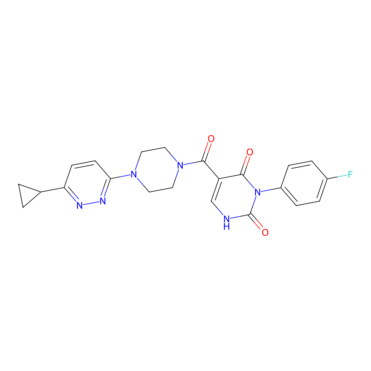 5-(4-(6-cyclopropylpyridazin-3-yl)piperazine-1-carbonyl)-3-(4-fluorophenyl)pyrimidine-2,4(1H,3H)-dione molecular structure, CAS 2034493-48-4