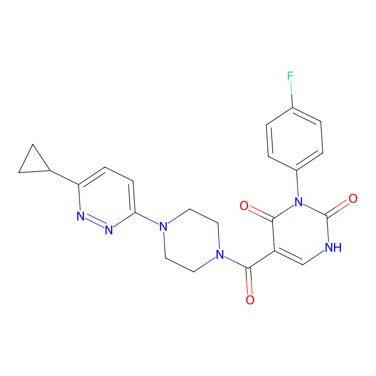 5-(4-(6-cyclopropylpyridazin-3-yl)piperazine-1-carbonyl)-3-(4-fluorophenyl)pyrimidine-2,4(1H,3H)-dione molecular structure, CAS 2034493-48-4