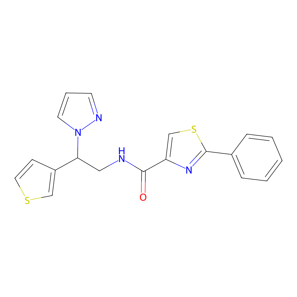 N-(2-(1H-pyrazol-1-yl)-2-(thiophen-3-yl)ethyl)-2-phenylthiazole-4-carboxamide molecular structure, CAS 2034493-52-0