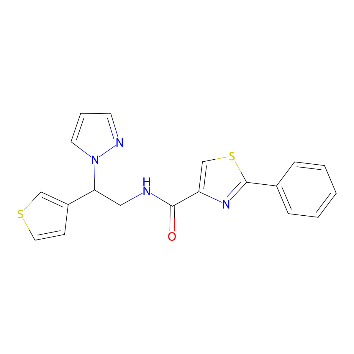 N-(2-(1H-pyrazol-1-yl)-2-(thiophen-3-yl)ethyl)-2-phenylthiazole-4-carboxamide molecular structure, CAS 2034493-52-0