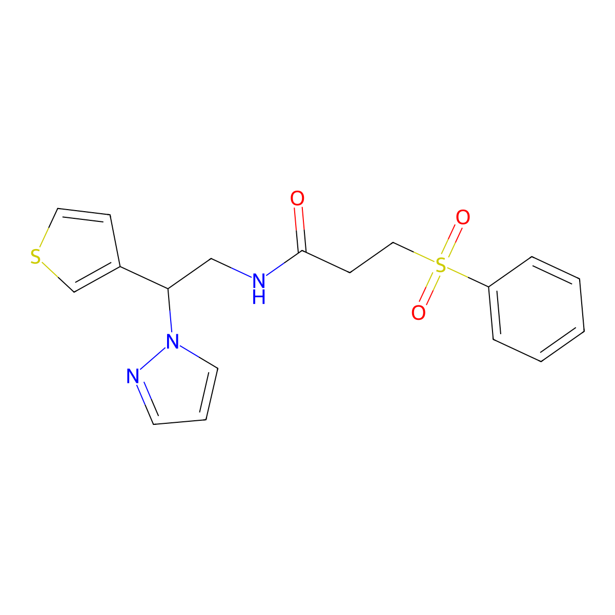 N-(2-(1H-pyrazol-1-yl)-2-(thiophen-3-yl)ethyl)-3-(phenylsulfonyl)propanamide molecular structure, CAS 2034493-58-6