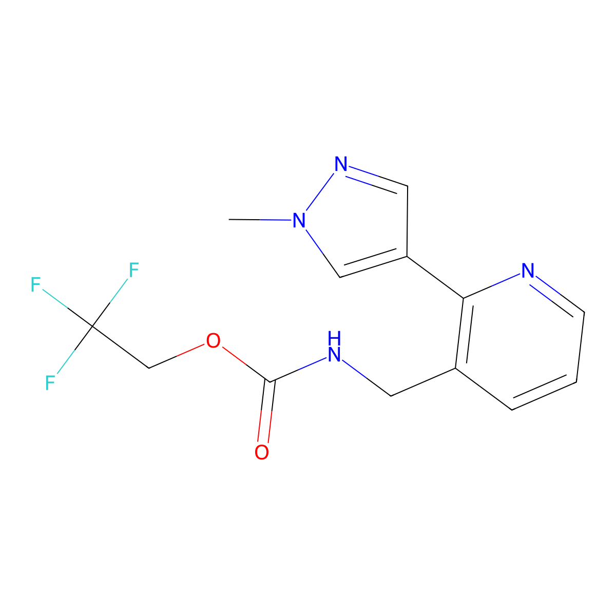 2,2,2-trifluoroethyl ((2-(1-methyl-1H-pyrazol-4-yl)pyridin-3-yl)methyl)carbamate molecular structure, CAS 2034493-59-7