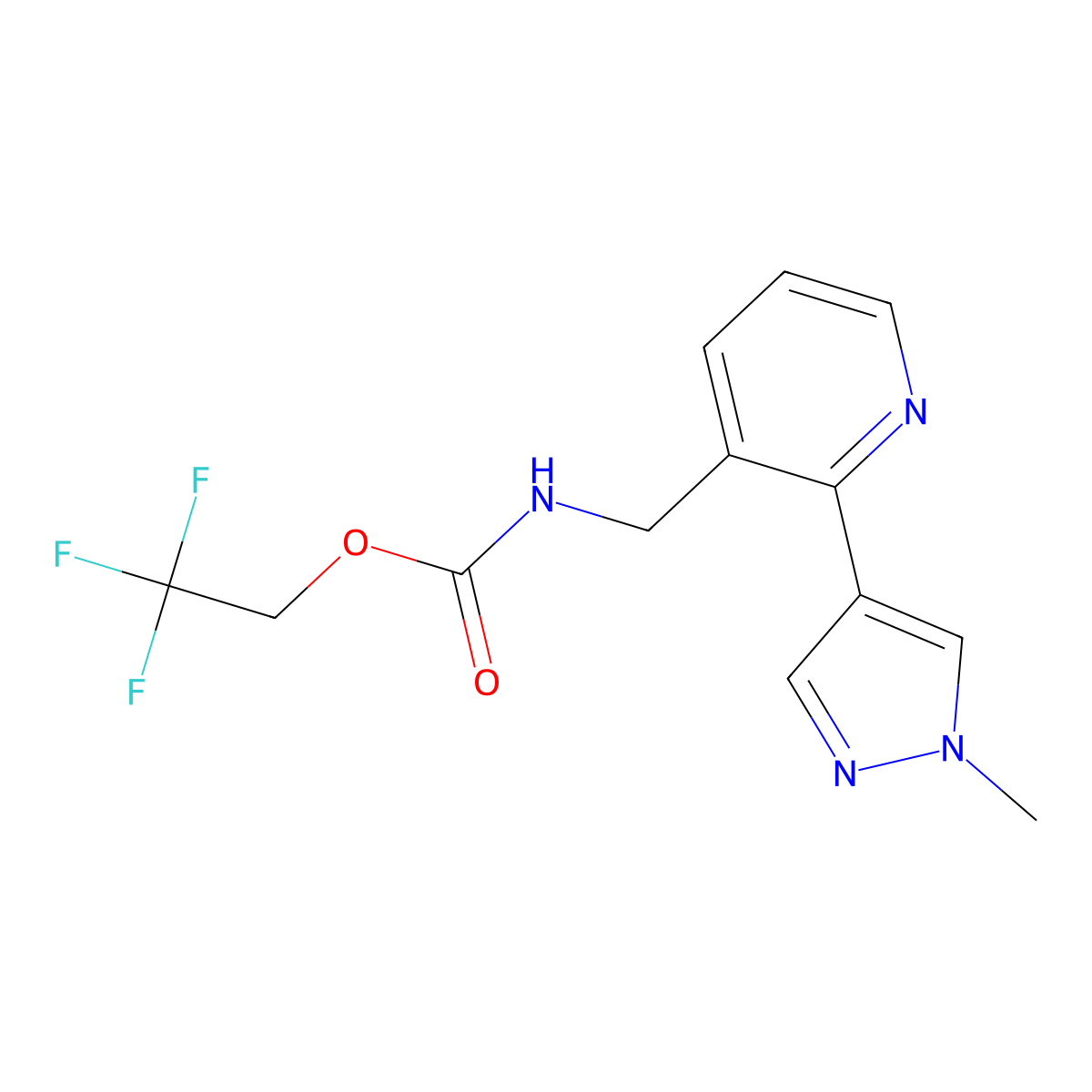 2,2,2-trifluoroethyl ((2-(1-methyl-1H-pyrazol-4-yl)pyridin-3-yl)methyl)carbamate molecular structure, CAS 2034493-59-7