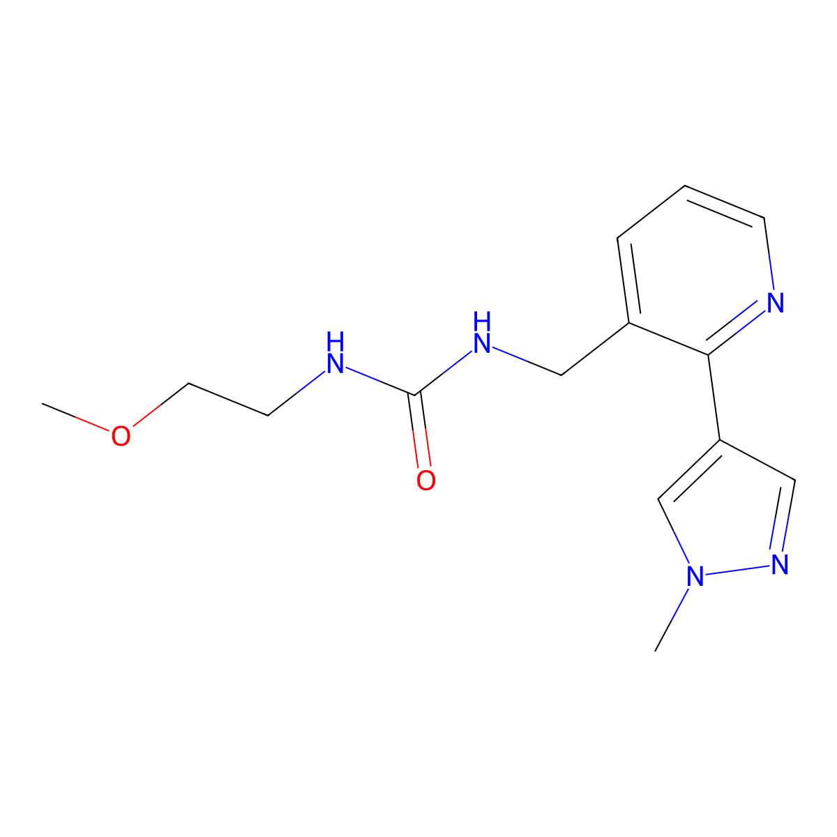 1-(2-methoxyethyl)-3-((2-(1-methyl-1H-pyrazol-4-yl)pyridin-3-yl)methyl)urea molecular structure, CAS 2034493-65-5