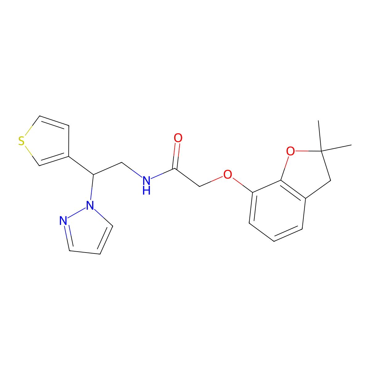 N-(2-(1H-pyrazol-1-yl)-2-(thiophen-3-yl)ethyl)-2-((2,2-dimethyl-2,3-dihydrobenzofuran-7-yl)oxy)acetamide molecular structure, CAS 2034493-67-7