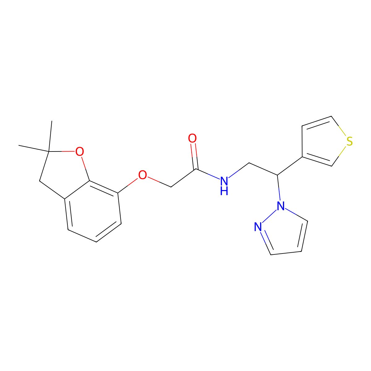 N-(2-(1H-pyrazol-1-yl)-2-(thiophen-3-yl)ethyl)-2-((2,2-dimethyl-2,3-dihydrobenzofuran-7-yl)oxy)acetamide molecular structure, CAS 2034493-67-7