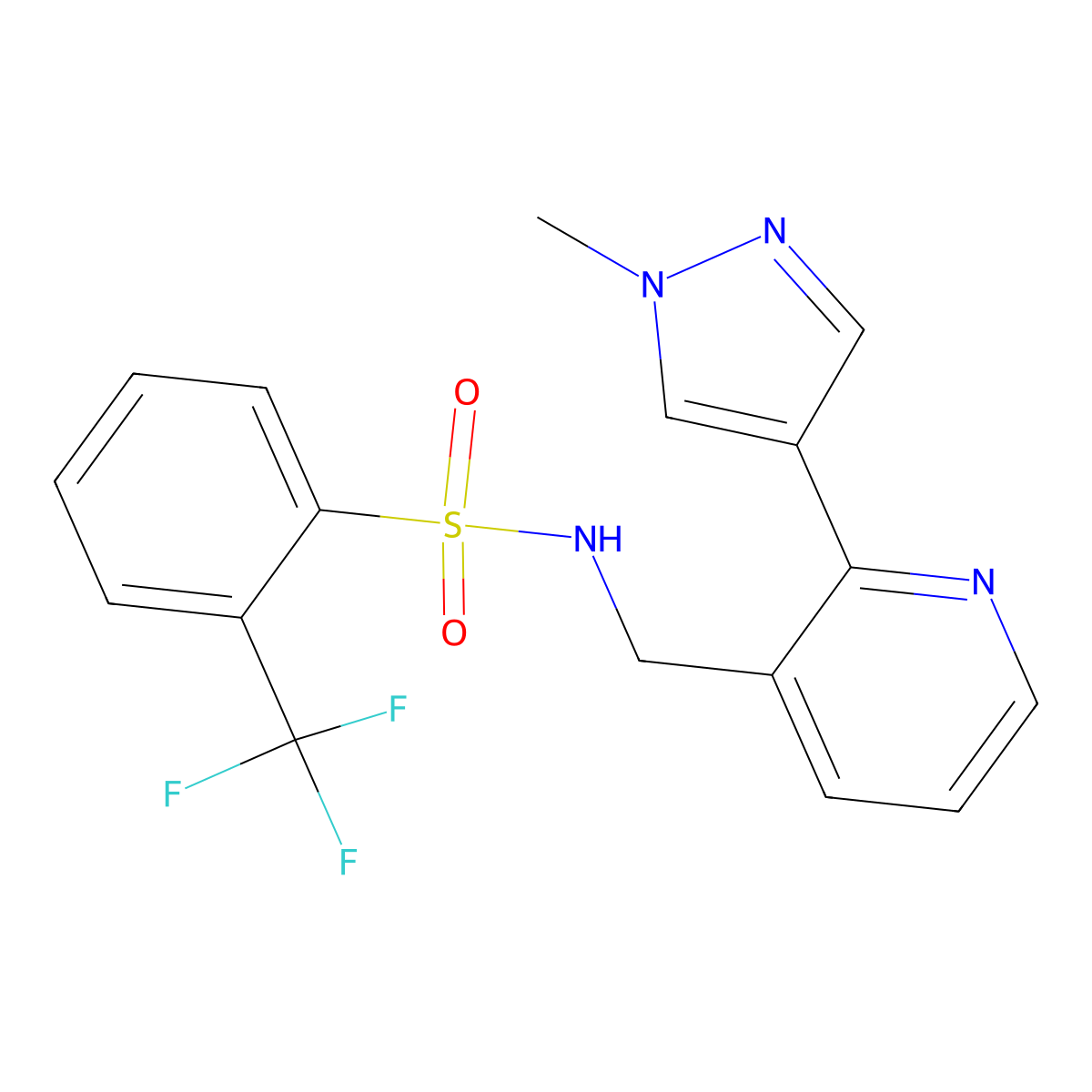 N-((2-(1-methyl-1H-pyrazol-4-yl)pyridin-3-yl)methyl)-2-(trifluoromethyl)benzenesulfonamide molecular structure, CAS 2034493-71-3