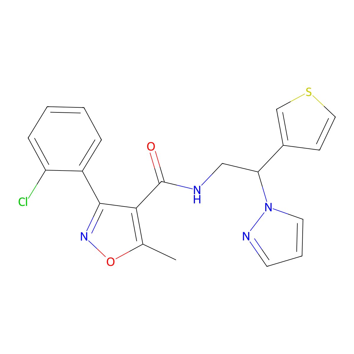 N-(2-(1H-pyrazol-1-yl)-2-(thiophen-3-yl)ethyl)-3-(2-chlorophenyl)-5-methylisoxazole-4-carboxamide molecular structure, CAS 2034493-73-5