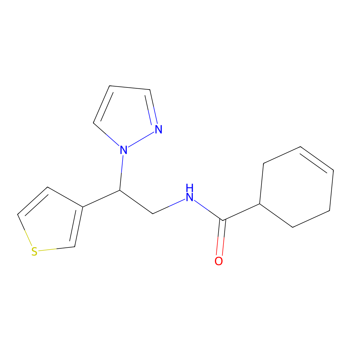 N-(2-(1H-pyrazol-1-yl)-2-(thiophen-3-yl)ethyl)cyclohex-3-enecarboxamide molecular structure, CAS 2034493-82-6