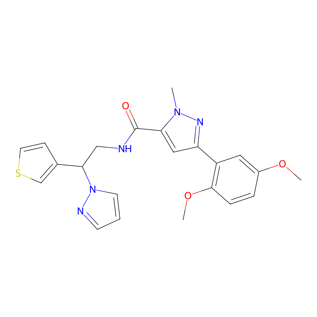 N-(2-(1H-pyrazol-1-yl)-2-(thiophen-3-yl)ethyl)-3-(2,5-dimethoxyphenyl)-1-methyl-1H-pyrazole-5-carboxamide molecular structure, CAS 2034493-90-6