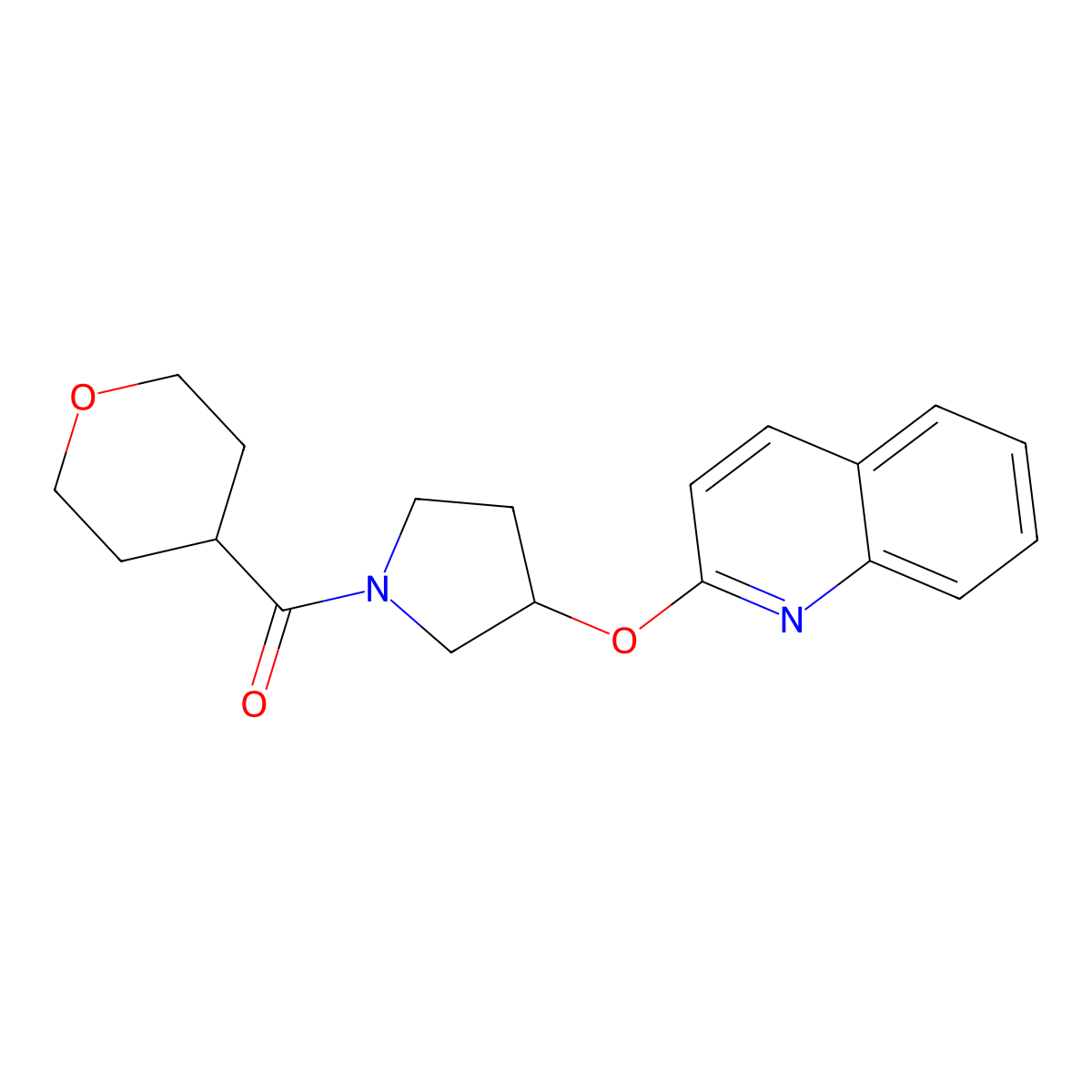 (3-(quinolin-2-yloxy)pyrrolidin-1-yl)(tetrahydro-2H-pyran-4-yl)methanone molecular structure, CAS 2034493-93-9