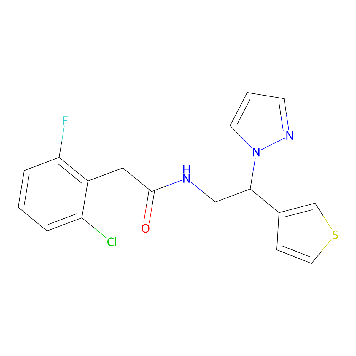 N-(2-(1H-pyrazol-1-yl)-2-(thiophen-3-yl)ethyl)-2-(2-chloro-6-fluorophenyl)acetamide molecular structure, CAS 2034493-97-3