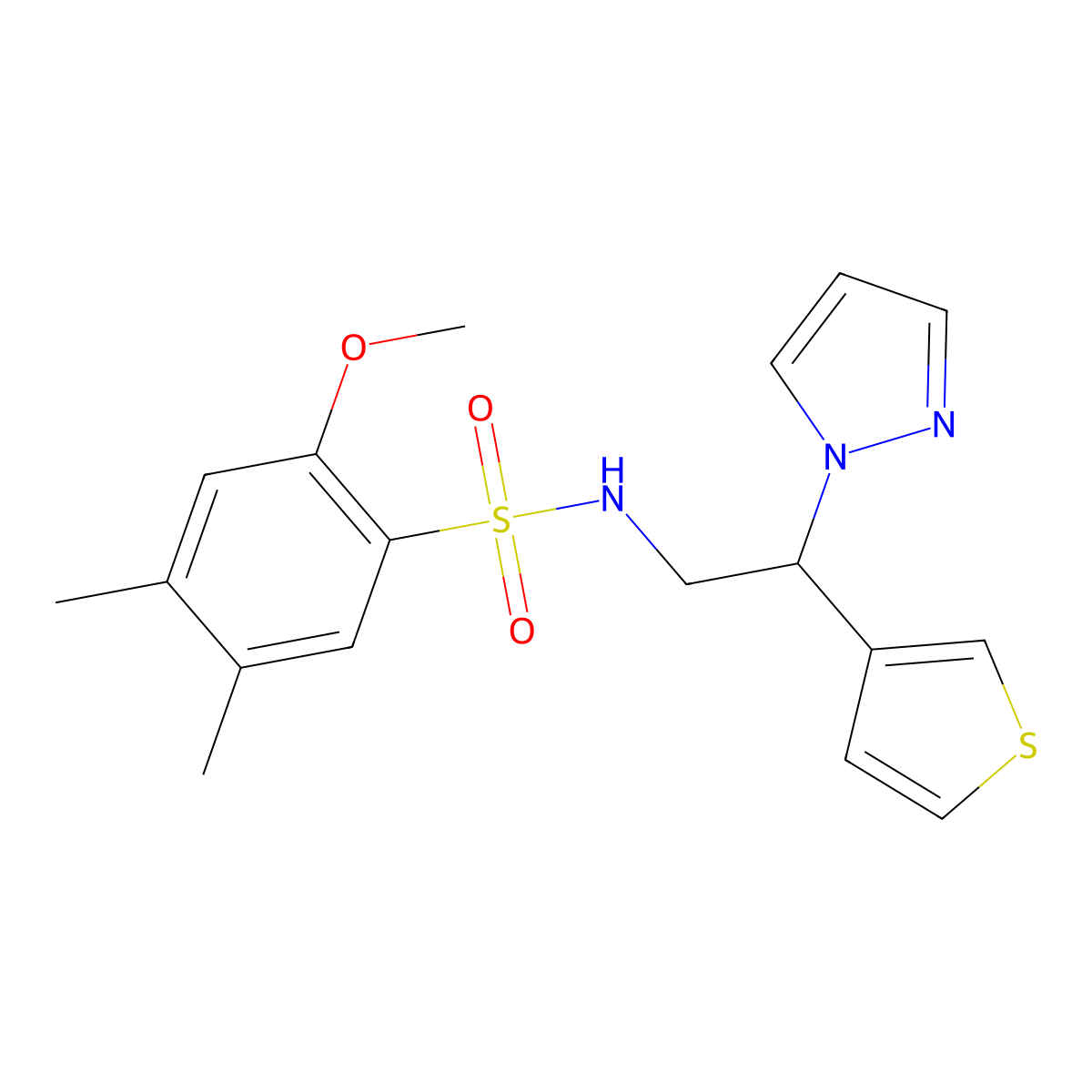 N-(2-(1H-pyrazol-1-yl)-2-(thiophen-3-yl)ethyl)-2-methoxy-4,5-dimethylbenzenesulfonamide molecular structure, CAS 2034494-03-4