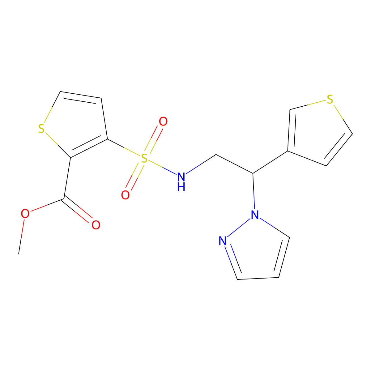 methyl 3-(N-(2-(1H-pyrazol-1-yl)-2-(thiophen-3-yl)ethyl)sulfamoyl)thiophene-2-carboxylate molecular structure, CAS 2034494-12-5