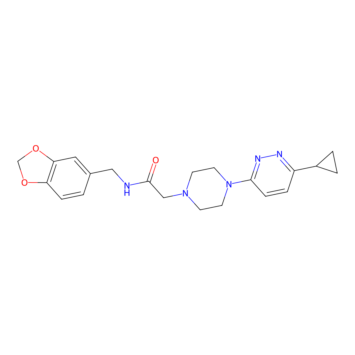N-(benzo[d][1,3]dioxol-5-ylmethyl)-2-(4-(6-cyclopropylpyridazin-3-yl)piperazin-1-yl)acetamide molecular structure, CAS 2034494-18-1