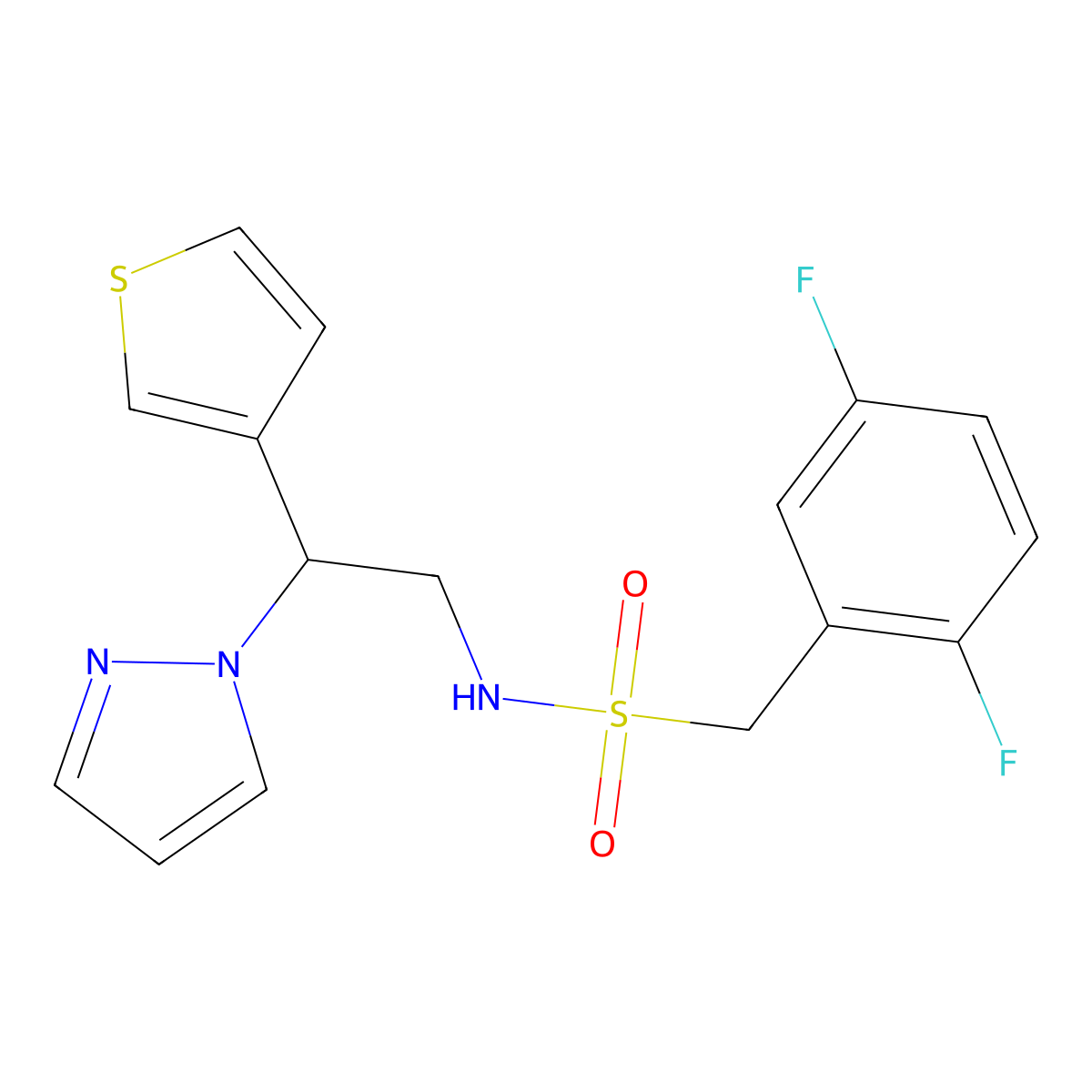 N-(2-(1H-pyrazol-1-yl)-2-(thiophen-3-yl)ethyl)-1-(2,5-difluorophenyl)methanesulfonamide molecular structure, CAS 2034494-19-2