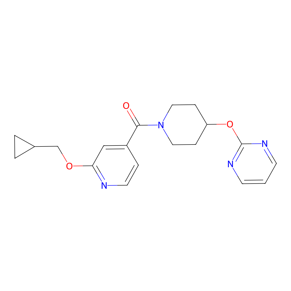 (2-(Cyclopropylmethoxy)pyridin-4-yl)(4-(pyrimidin-2-yloxy)piperidin-1-yl)methanone molecular structure, CAS 2034494-24-9