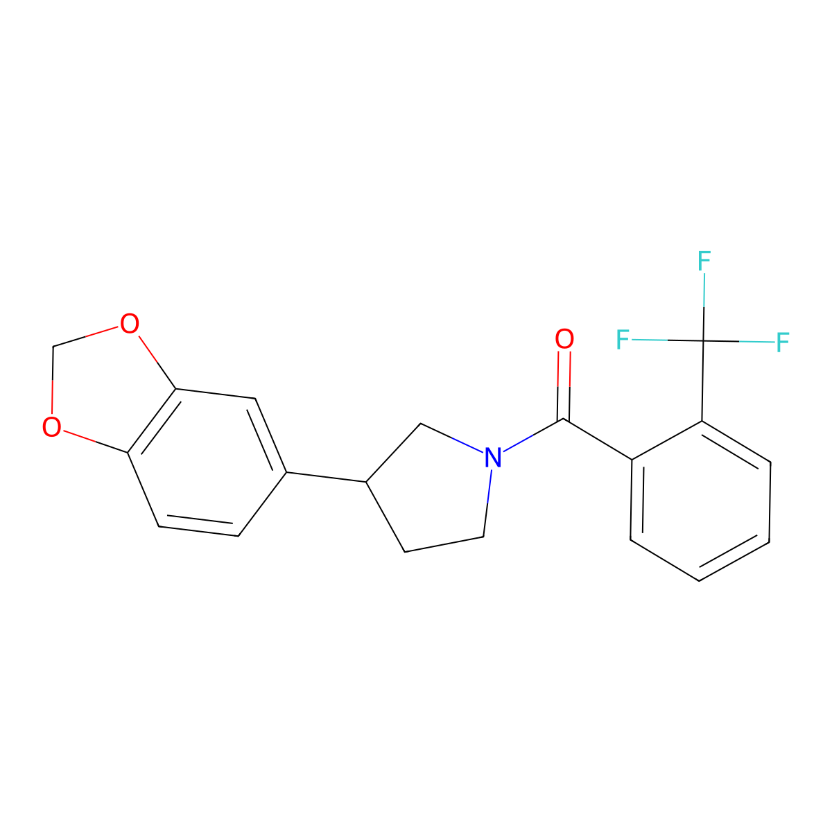 (3-(Benzo[d][1,3]dioxol-5-yl)pyrrolidin-1-yl)(2-(trifluoromethyl)phenyl)methanone molecular structure, CAS 2034494-26-1