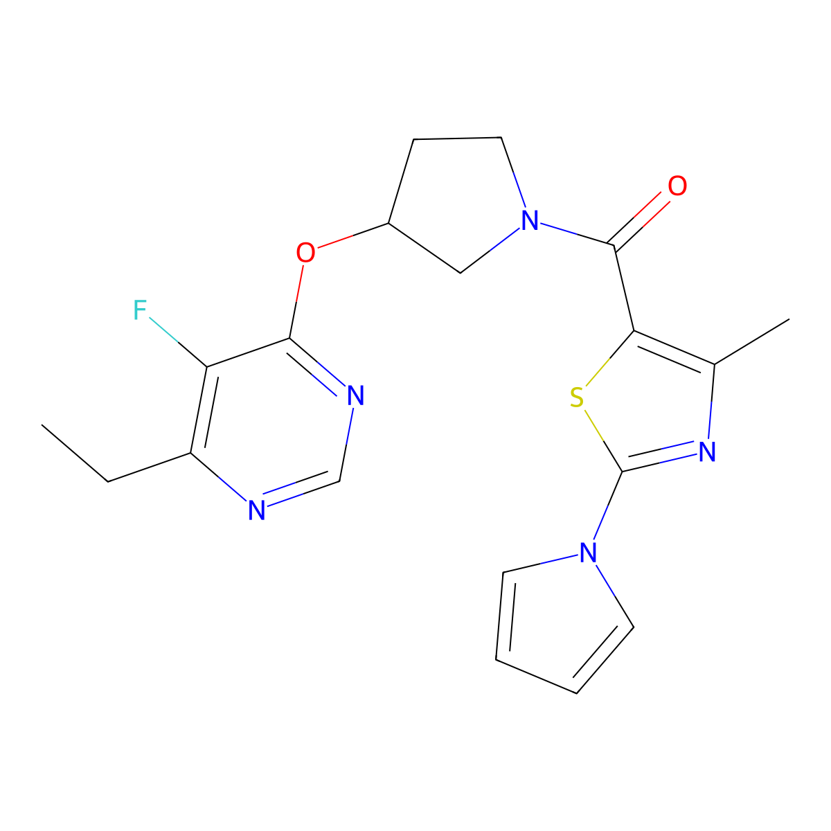(3-((6-ethyl-5-fluoropyrimidin-4-yl)oxy)pyrrolidin-1-yl)(4-methyl-2-(1H-pyrrol-1-yl)thiazol-5-yl)methanone molecular structure, CAS 2034494-28-3