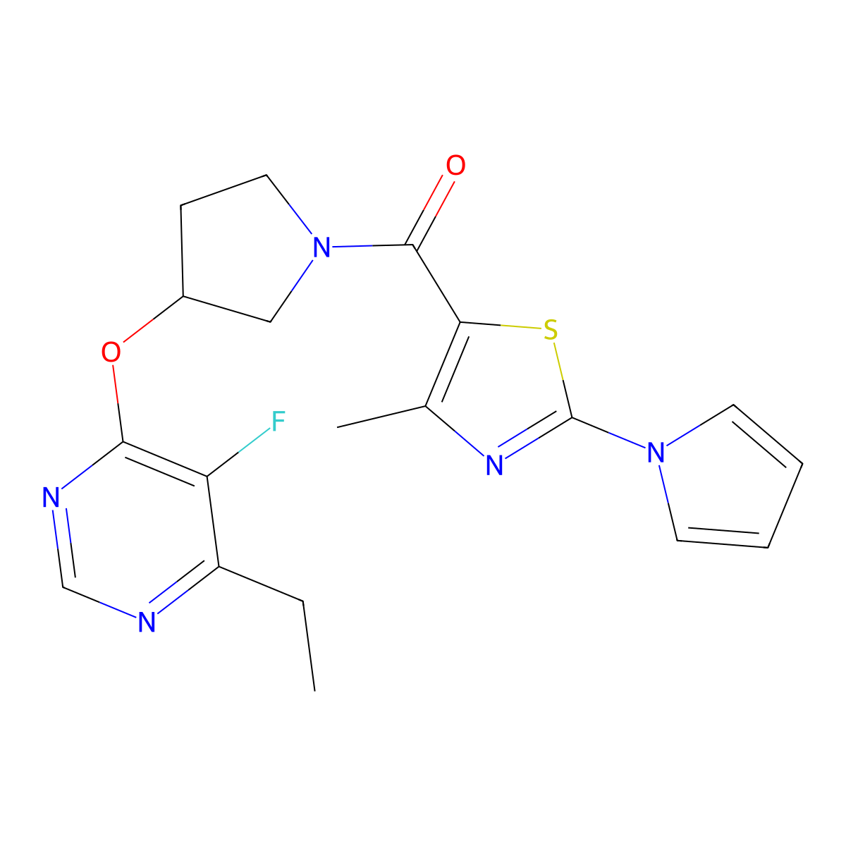 (3-((6-ethyl-5-fluoropyrimidin-4-yl)oxy)pyrrolidin-1-yl)(4-methyl-2-(1H-pyrrol-1-yl)thiazol-5-yl)methanone molecular structure, CAS 2034494-28-3