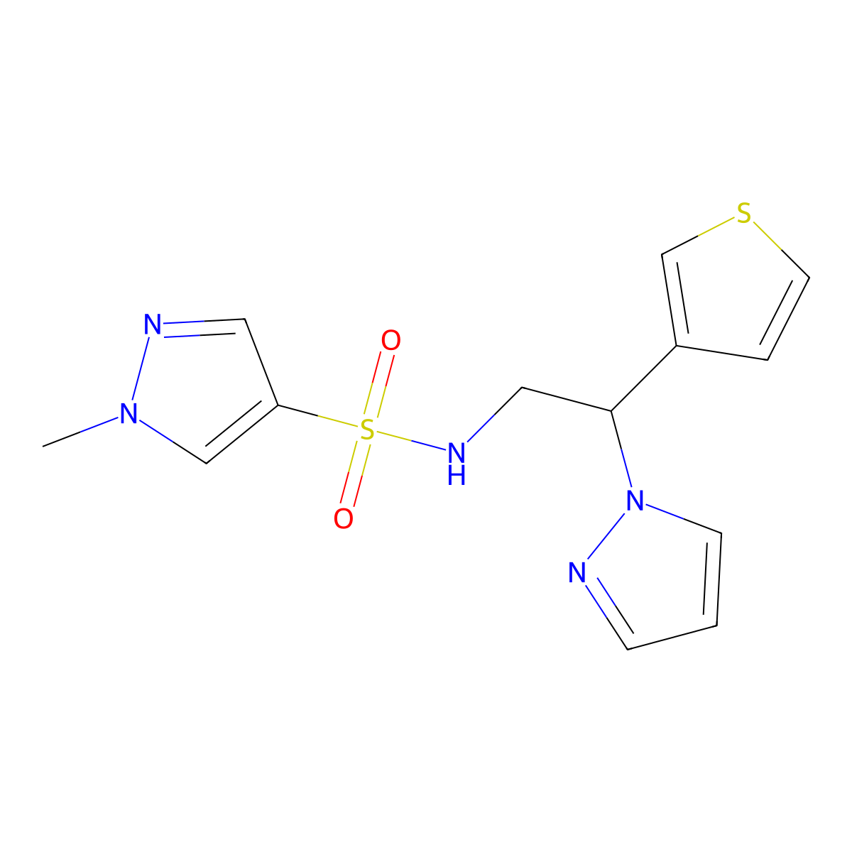 N-(2-(1H-pyrazol-1-yl)-2-(thiophen-3-yl)ethyl)-1-methyl-1H-pyrazole-4-sulfonamide molecular structure, CAS 2034494-31-8