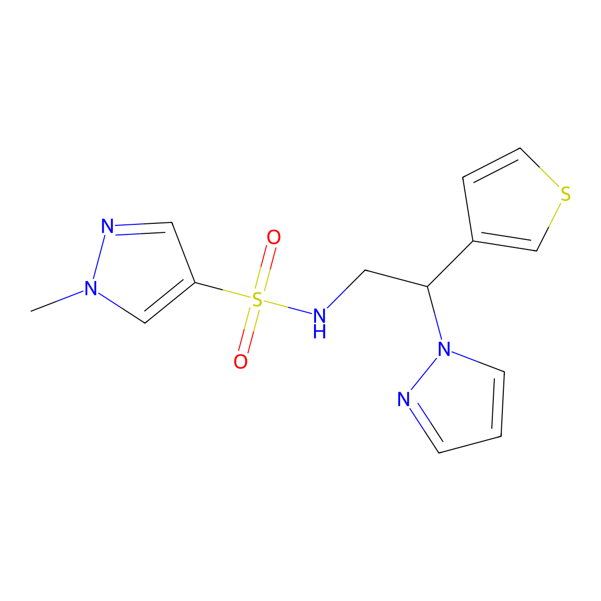 N-(2-(1H-pyrazol-1-yl)-2-(thiophen-3-yl)ethyl)-1-methyl-1H-pyrazole-4-sulfonamide molecular structure, CAS 2034494-31-8